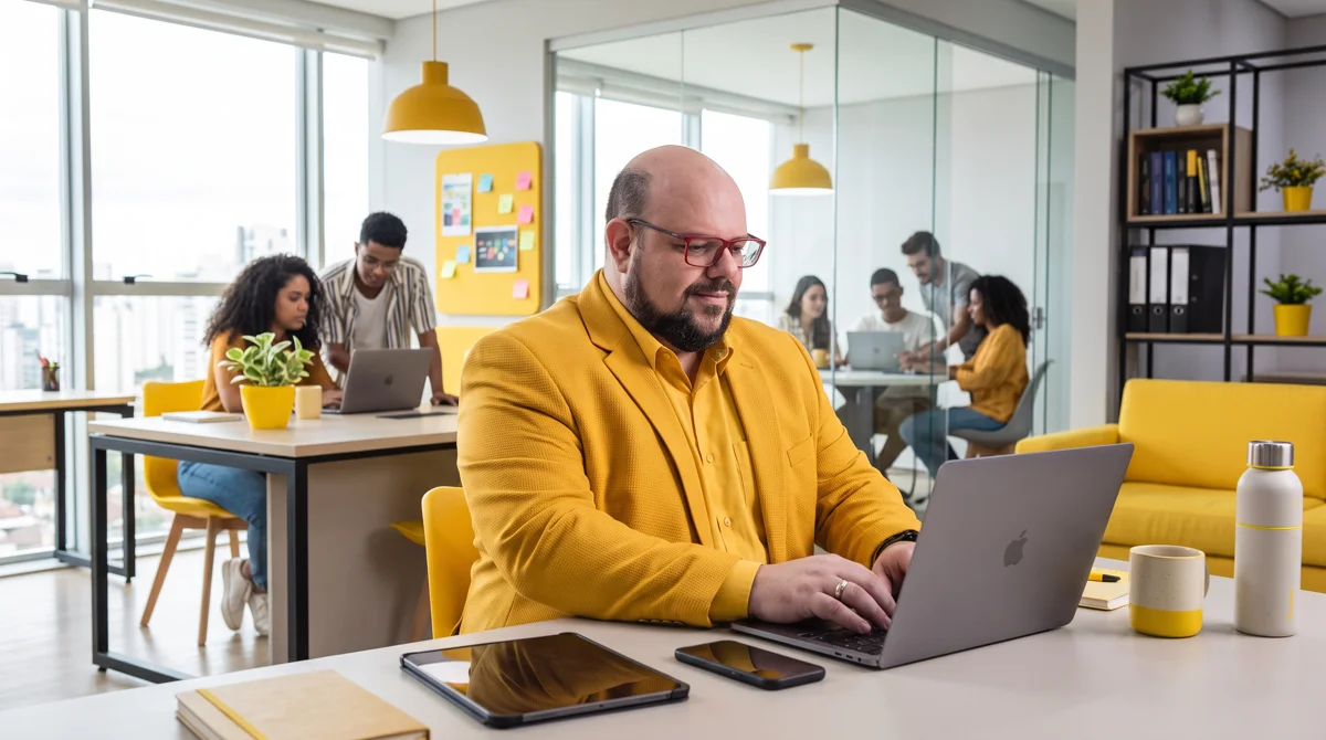 Flávio de blazer amarelo sentado à mesa trabalhando no notebook; equipe e quadros de post-its ao fundo