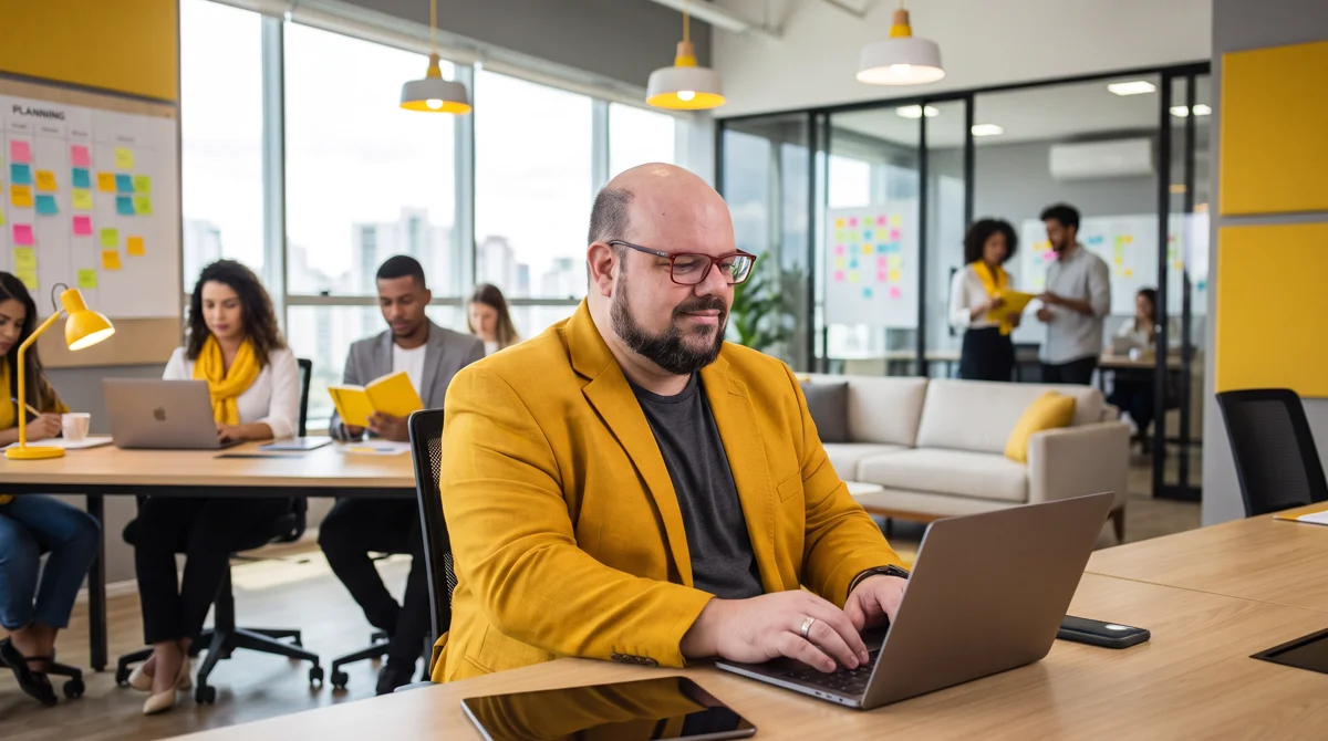 Flávio de blazer amarelo sentado à mesa trabalhando no notebook; equipe e quadros de post-its ao fundo