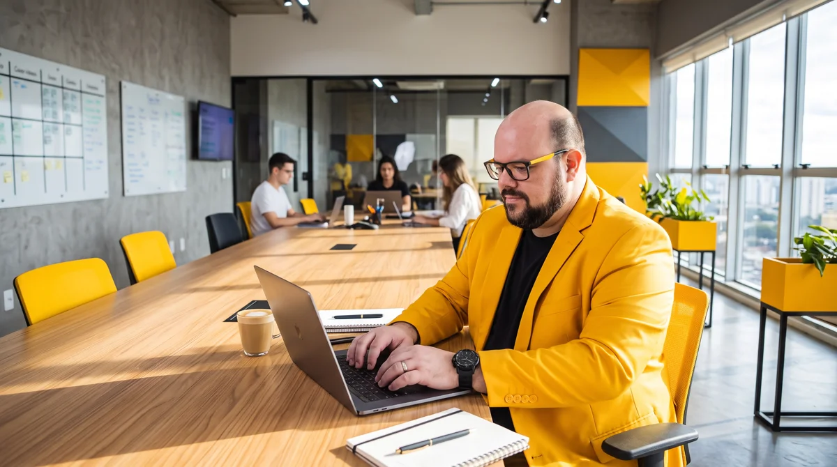 Flávio de blazer amarelo sentado à mesa trabalhando no notebook; equipe e quadros de post-its ao fundo