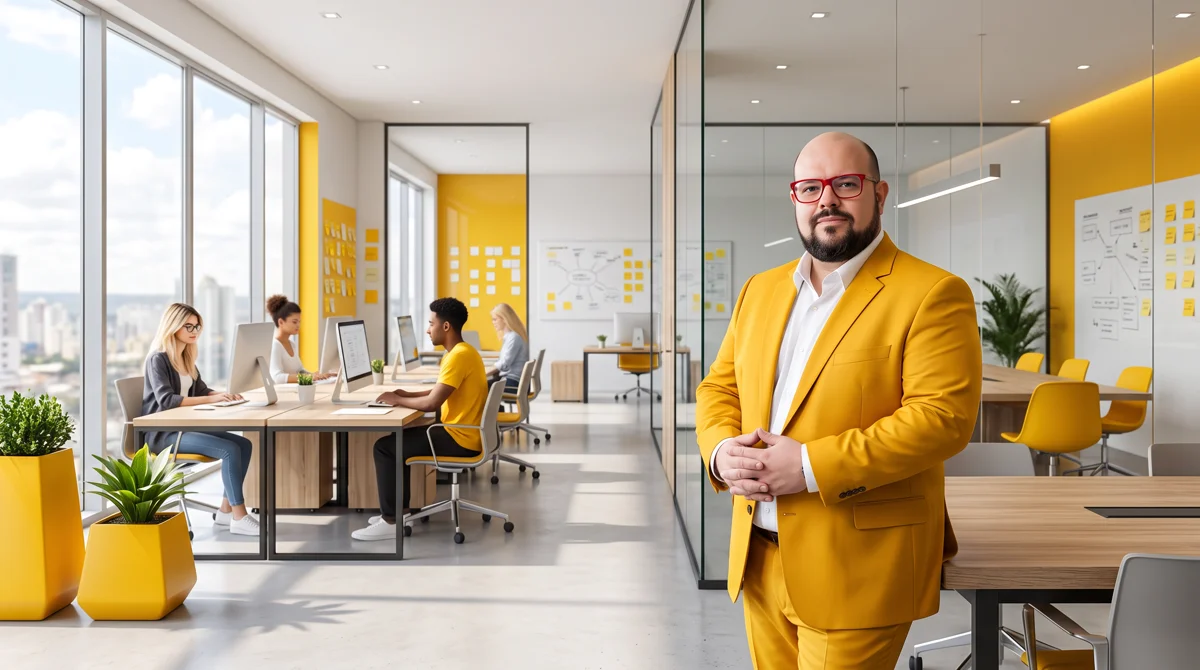 Flávio de blazer amarelo em pé no escritório da agência, mãos unidas; equipe trabalhando ao fundo