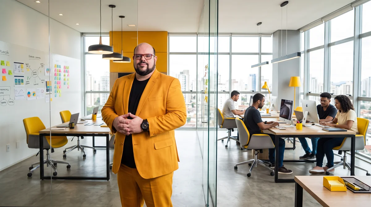 Flávio de blazer amarelo em pé no escritório da agência, mãos unidas; equipe trabalhando ao fundo