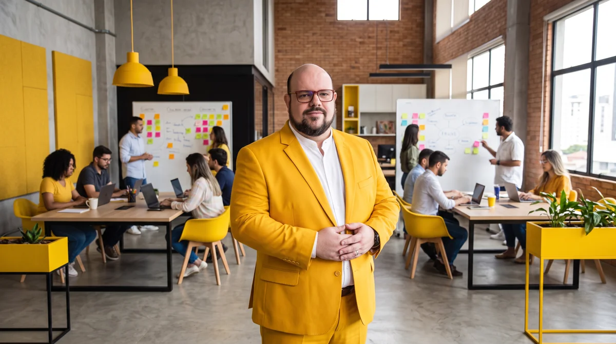 Flávio de blazer amarelo em pé no escritório da agência, mãos unidas; equipe trabalhando ao fundo