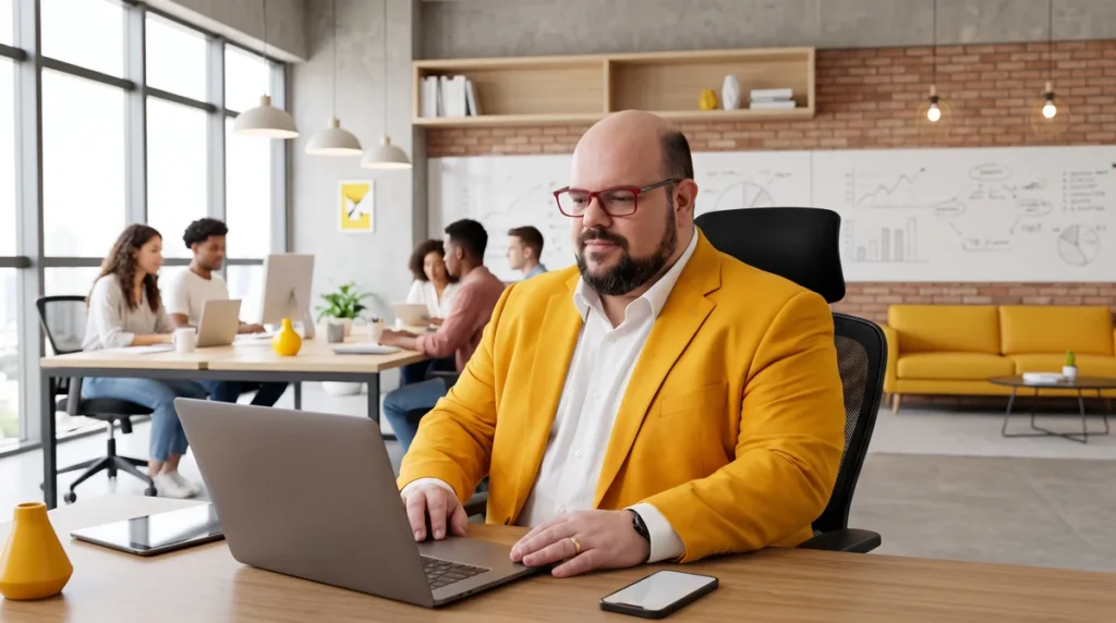 Flávio de blazer amarelo sentado à mesa trabalhando no notebook; equipe e quadros de post-its ao fundo