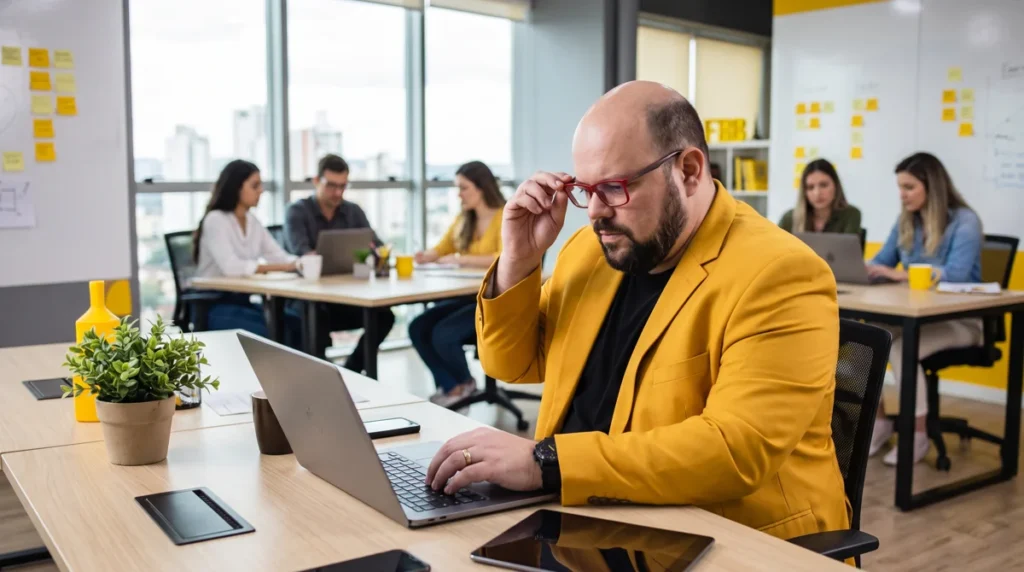Flávio de blazer amarelo sentado à mesa trabalhando no notebook; equipe e quadros de post-its ao fundo