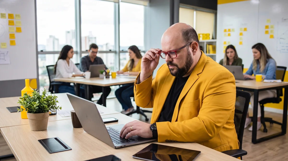Flávio de blazer amarelo sentado à mesa trabalhando no notebook; equipe e quadros de post-its ao fundo