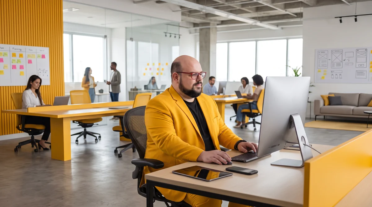 Flávio de blazer amarelo sentado à mesa trabalhando no notebook; equipe e quadros de post-its ao fundo