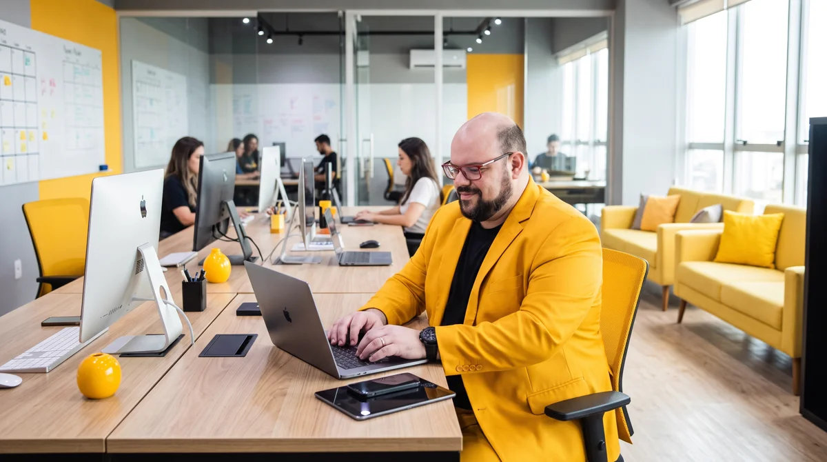 Flávio de blazer amarelo sentado à mesa trabalhando no notebook; equipe e quadros de post-its ao fundo