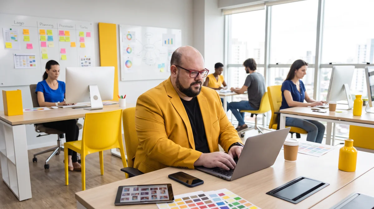 Flávio de blazer amarelo sentado à mesa trabalhando no notebook; equipe e quadros de post-its ao fundo