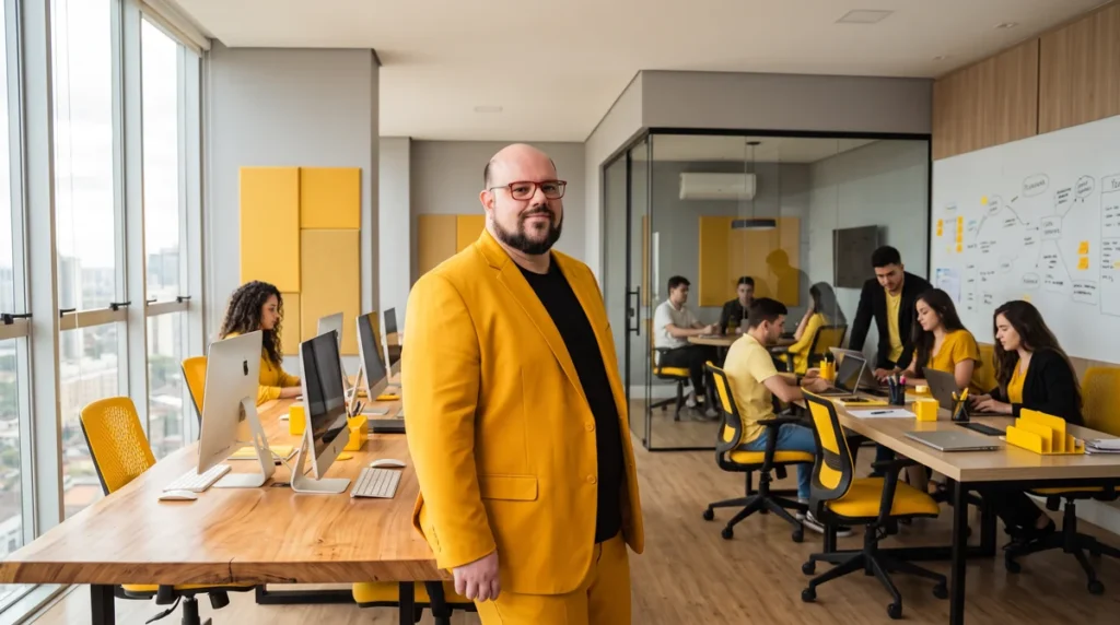 Flávio de blazer amarelo em pé no escritório da agência, mãos unidas; equipe trabalhando ao fundo