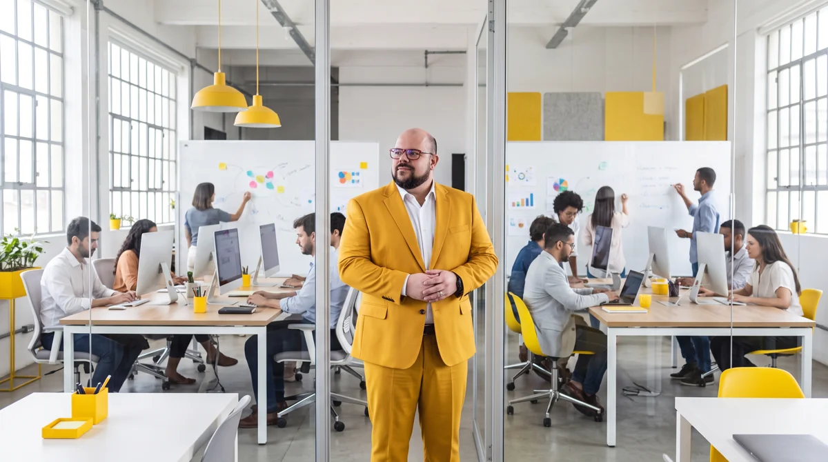 Flávio de blazer amarelo em pé no escritório da agência, mãos unidas; equipe trabalhando ao fundo