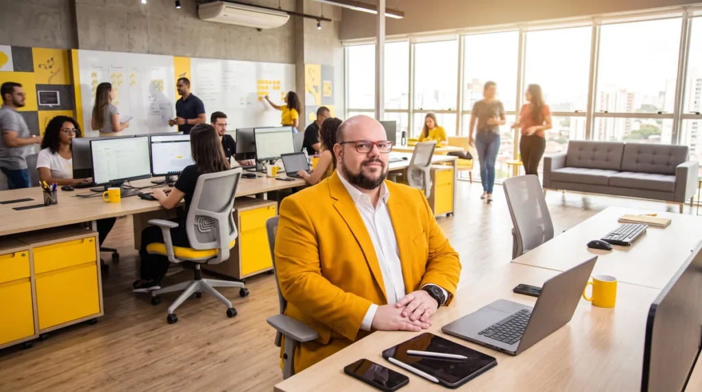 Flávio de blazer amarelo sentado à mesa trabalhando no notebook; equipe e quadros de post-its ao fundo