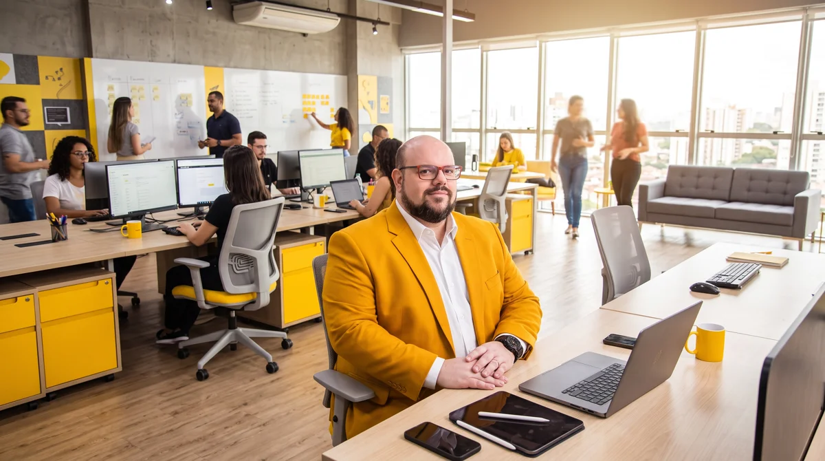 Flávio de blazer amarelo sentado à mesa trabalhando no notebook; equipe e quadros de post-its ao fundo