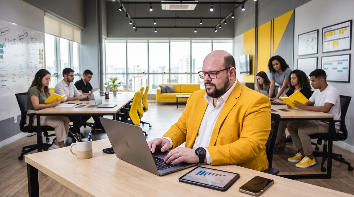 Flávio de blazer amarelo sentado à mesa trabalhando no notebook; equipe e quadros de post-its ao fundo