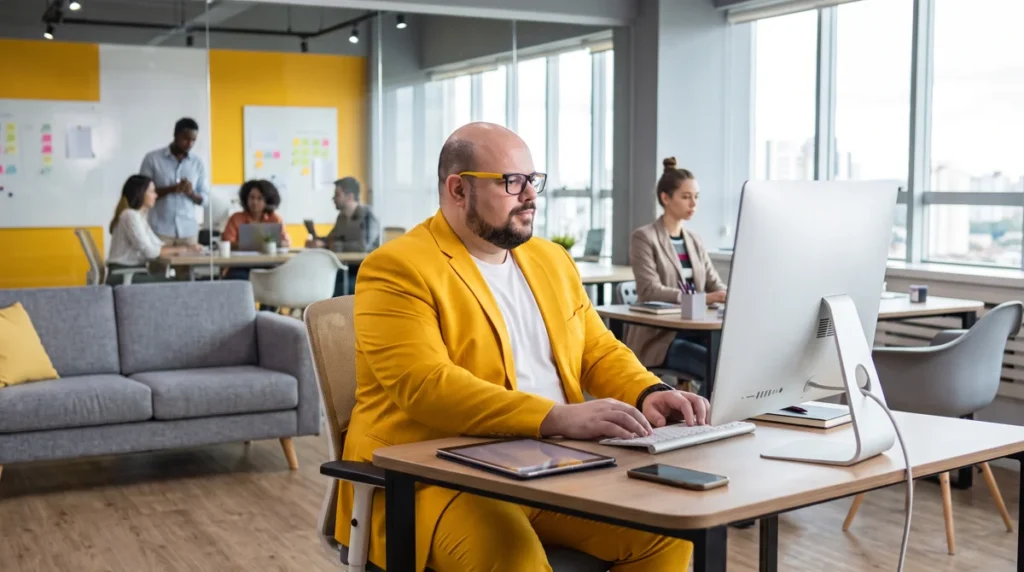 Flávio de blazer amarelo sentado à mesa trabalhando no notebook; equipe e quadros de post-its ao fundo