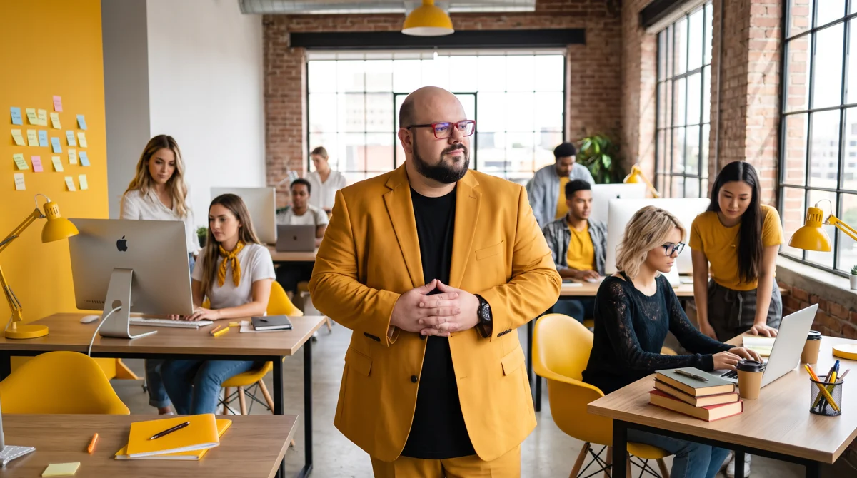 Flávio de blazer amarelo em pé no escritório da agência, mãos unidas; equipe trabalhando ao fundo