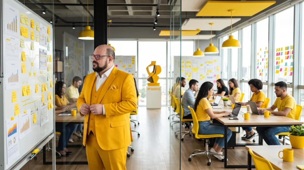 Flávio de blazer amarelo em pé no escritório da agência, mãos unidas; equipe trabalhando ao fundo