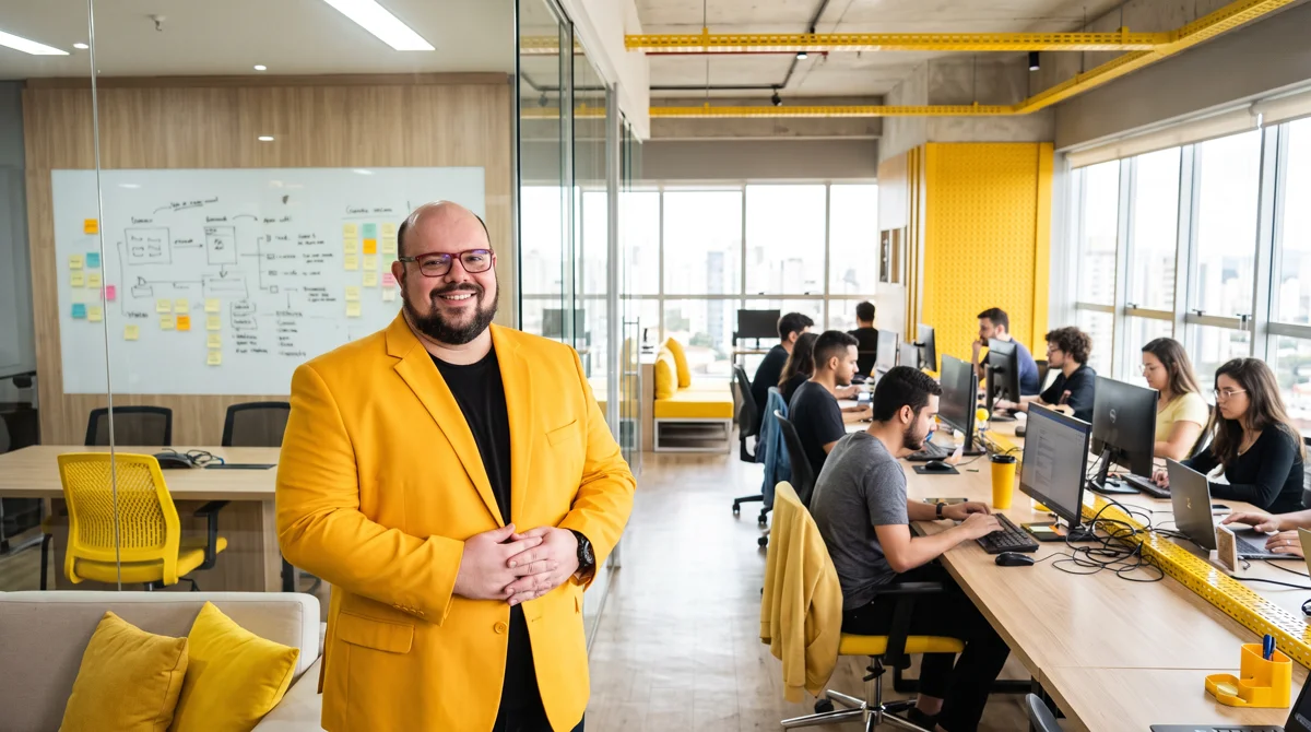 Flávio de blazer amarelo em pé no escritório da agência, mãos unidas; equipe trabalhando ao fundo