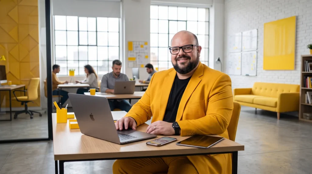 Flávio de blazer amarelo sentado à mesa trabalhando no notebook; equipe e quadros de post-its ao fundo