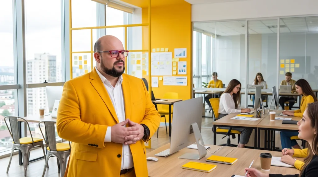 Flávio de blazer amarelo em pé no escritório da agência, mãos unidas; equipe trabalhando ao fundo