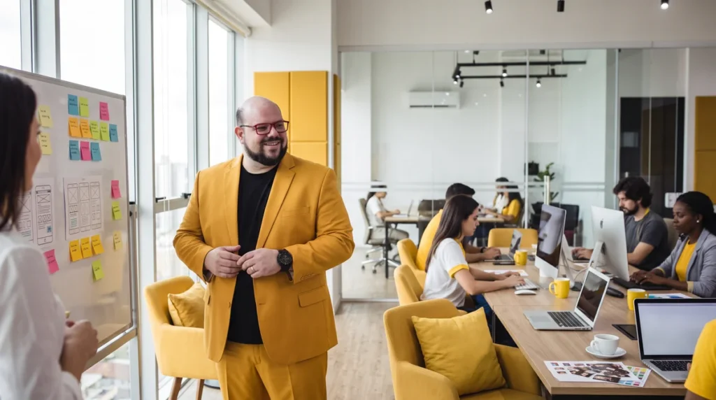 Flávio de blazer amarelo em pé no escritório da agência, mãos unidas; equipe trabalhando ao fundo