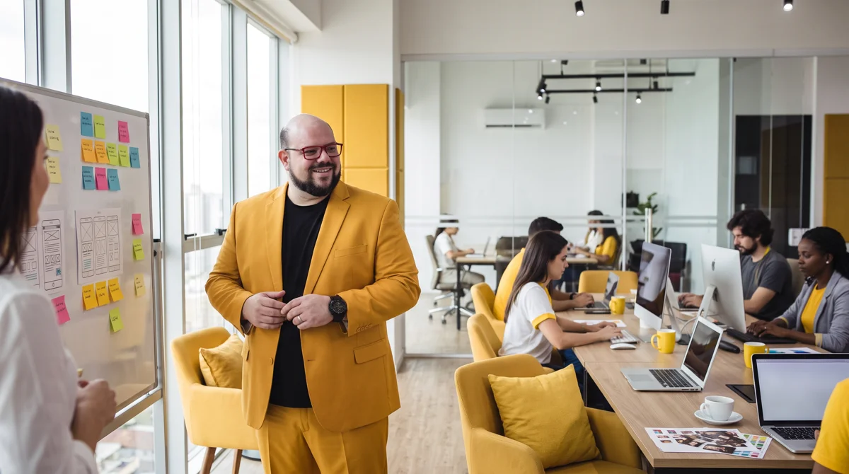 Flávio de blazer amarelo em pé no escritório da agência, mãos unidas; equipe trabalhando ao fundo