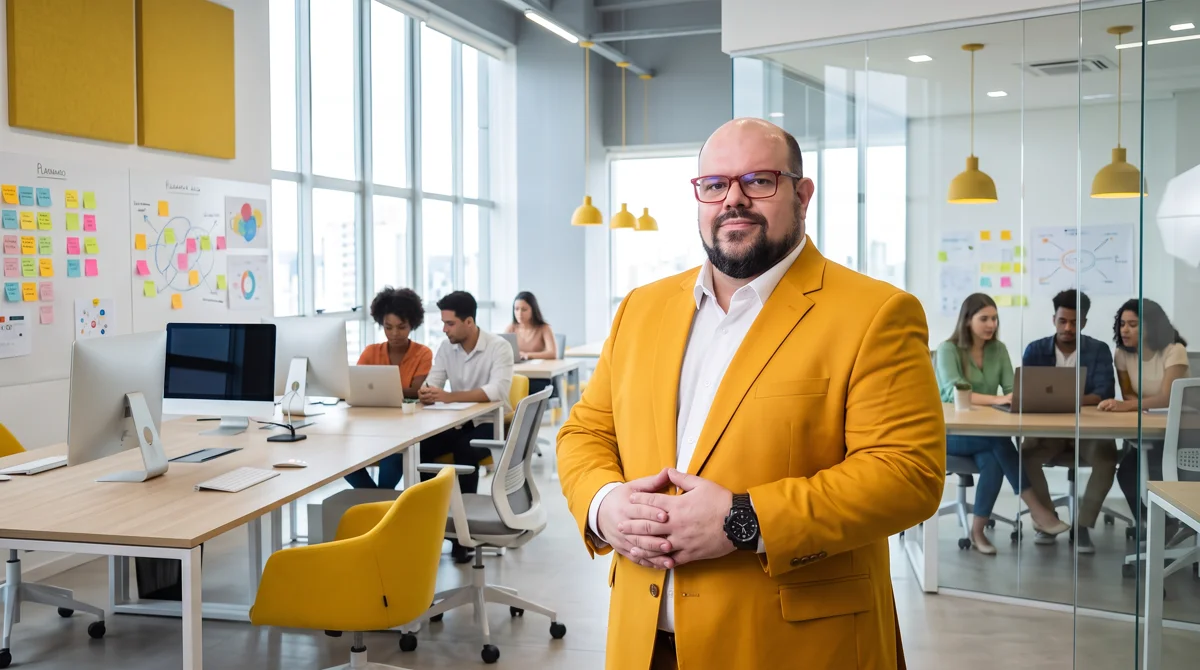 Flávio de blazer amarelo em pé no escritório da agência, mãos unidas; equipe trabalhando ao fundo