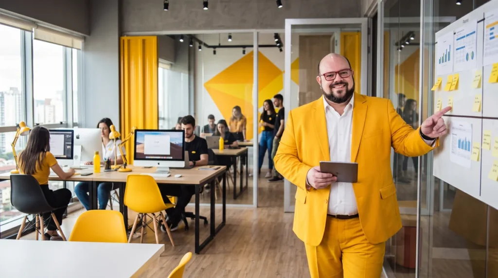 Flávio de blazer amarelo em pé no escritório da agência, mãos unidas; equipe trabalhando ao fundo