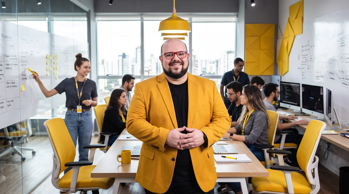 Flávio de blazer amarelo em pé no escritório da agência, mãos unidas; equipe trabalhando ao fundo