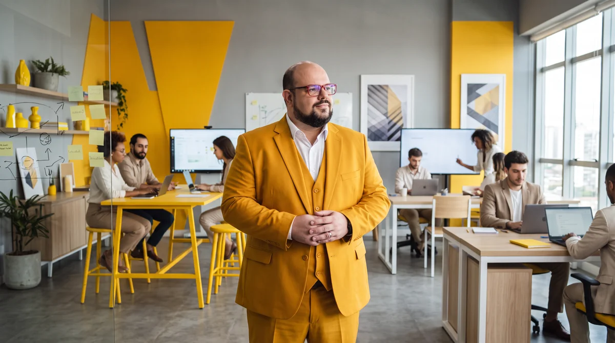 Flávio de blazer amarelo em pé no escritório da agência, mãos unidas; equipe trabalhando ao fundo