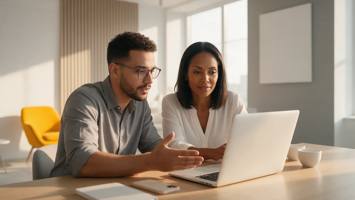 Gestor de tráfego e empresária analisando os resultados dos criativos em um notebook de costas para a câmera