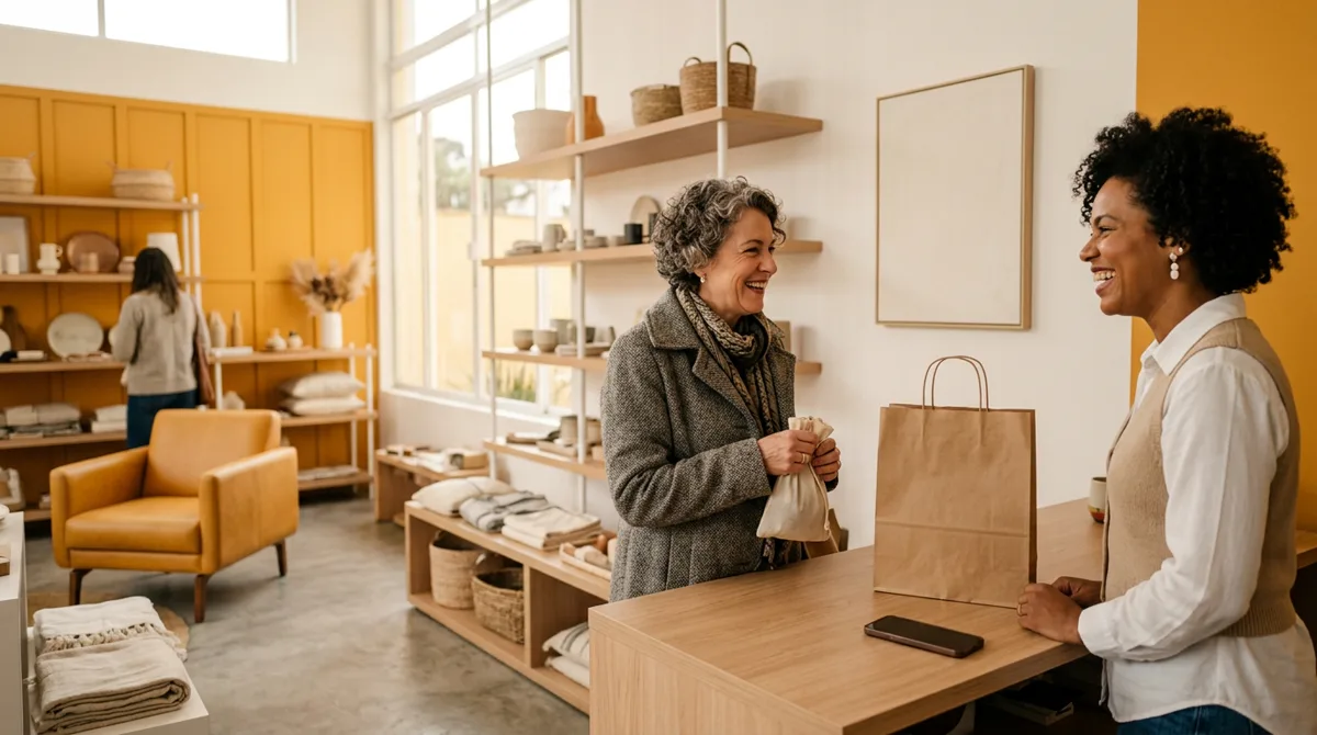 Lojista recebe com um sorriso uma cliente habitual em uma loja de decoração moderna