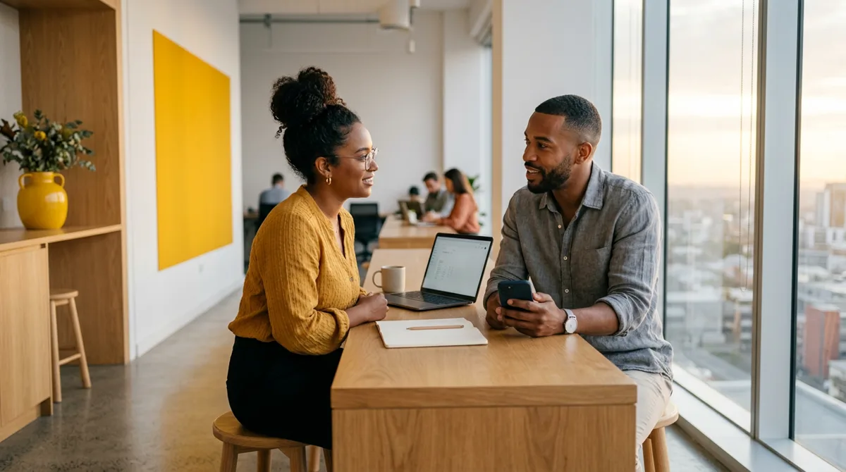 Profissional de marketing e profissional do comercial conversam lado a lado para alinhar como acompanhar os contatos de clientes