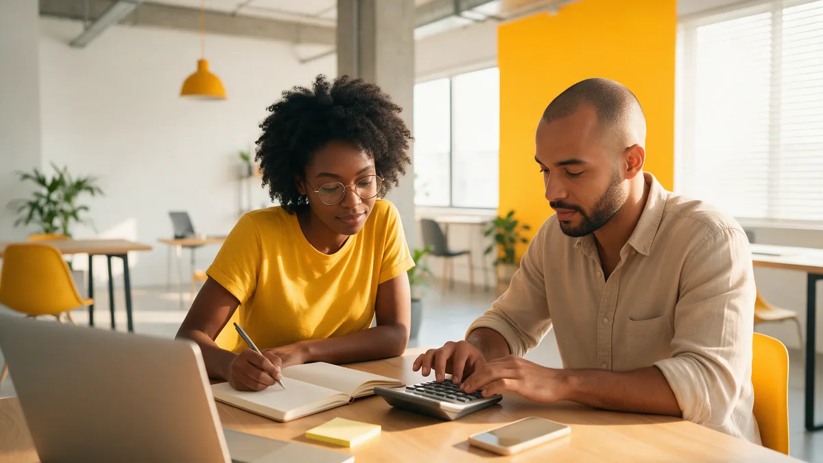 Dois jovens profissionais fazem as contas do planejamento de investimento em anúncios em uma mesa de escritório moderno
