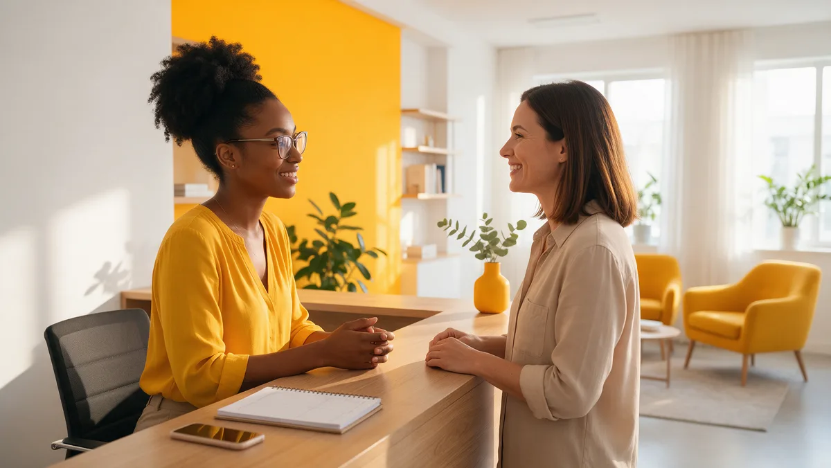 Recepcionista conversa com uma cliente satisfeita ao fim do atendimento em uma clínica moderna