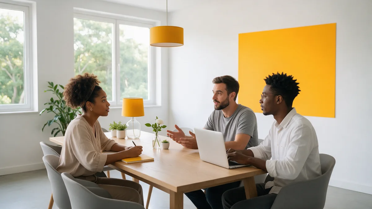 Vendedora jovem faz perguntas e anota enquanto ouve um cliente em uma sala de reunião moderna com detalhes amarelos